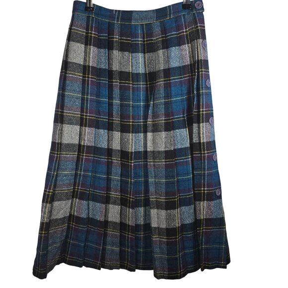 Vintage 70's Marilyn Togs Tartan Plaid Blue Mid 1" Pleat Knee Length MIdi Skirt - Picture 1 of 7